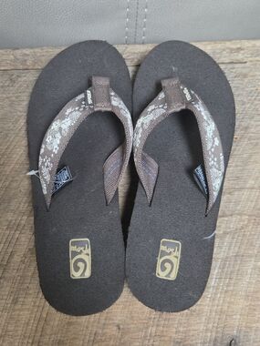 New Sz 7 Teva Mush Mandalyn Wedge flip-flop sandals Brown Palm Leaf ~ Bin SS